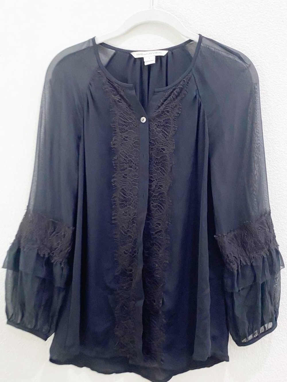 Diane Von Furstenberg Black Sheer Lace-Trim Blouse